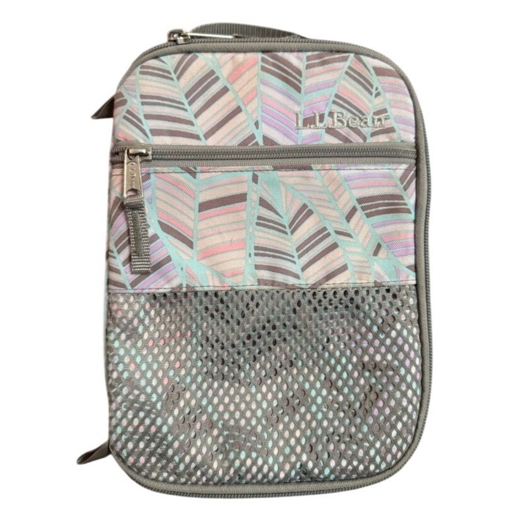 LL Bean Insulated Box Flip-Top Pastel Leaf Print Mesh Pocket Gray Trim